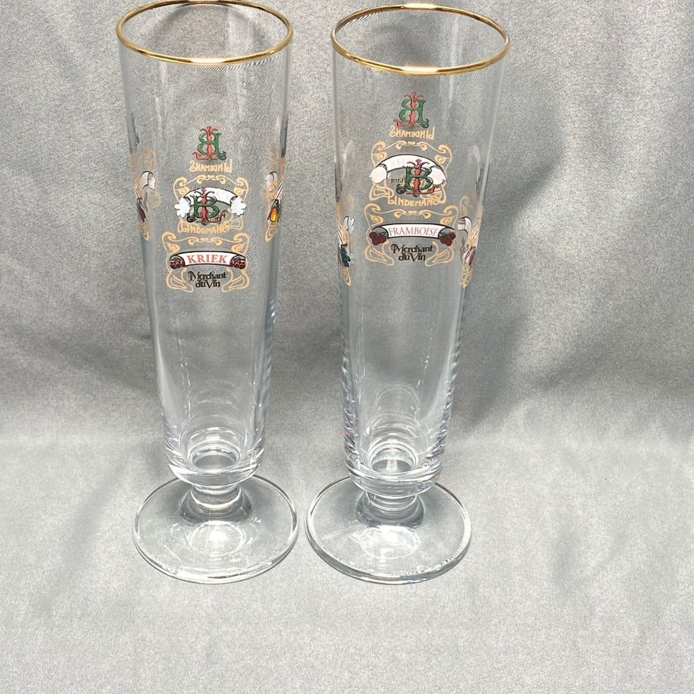 Lindeman's Beer Fluted Glass Gold Rim Set of 2 Cassis, Peche, Kriek, Framboise - Picture 3 of 9
